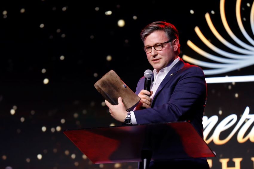 Speaker Mike Johnson onstage during the America Reads The Bible Opening Night Celebration at Capital Turnaround on April 18, 2026, in Washington, DC.