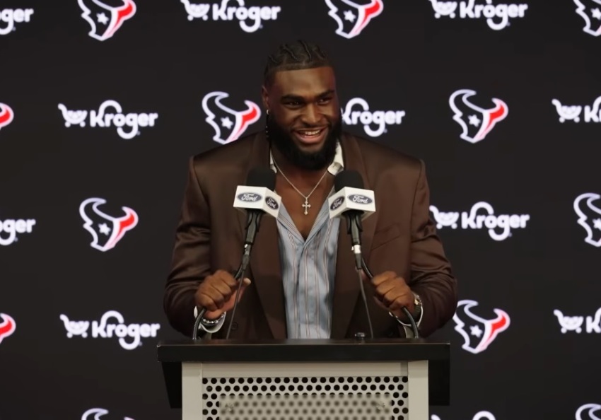 Houston Texans edge rusher Will Anderson speaks with reporters during a press conference announcing his three-year, $ 150 million contract extension, which makes him the highest-paid non-quarterback in the NFL, on April 21, 2026.