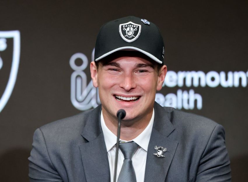 Quarterback Fernando Mendoza, selected yesterday by the Las Vegas Raiders as the No. 1 overall pick in the 2026 NFL draft, attends a news conference at the Las Vegas Raiders Headquarters/Intermountain Health Performance Center on April 24, 2026, in Henderson, Nevada.