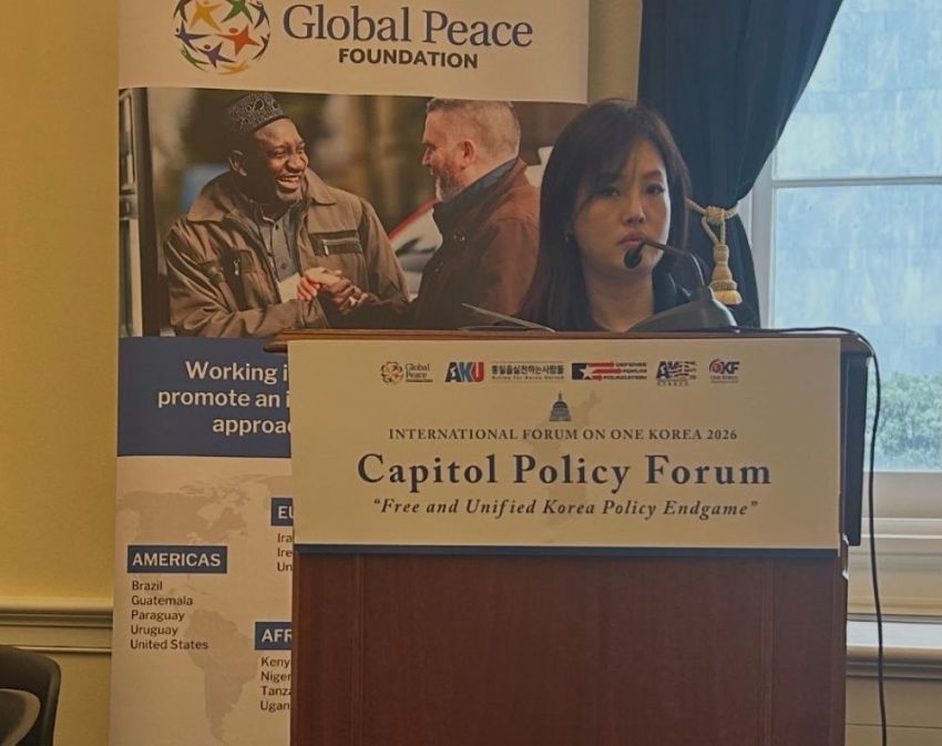 Ji-Young Kim, president of Free North Korea Radio, speaks during the 