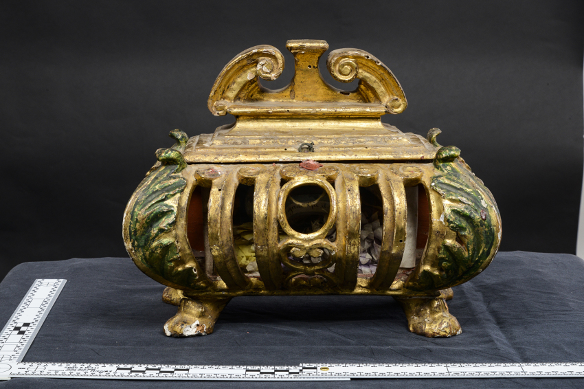 This 17th-century reliquary urn is believed to be one of 17 ecclesiastical artifacts stolen from the Church of San Michele Arcangelo di Cangiano in Italy between August 1, 2012, and August 31, 2022.