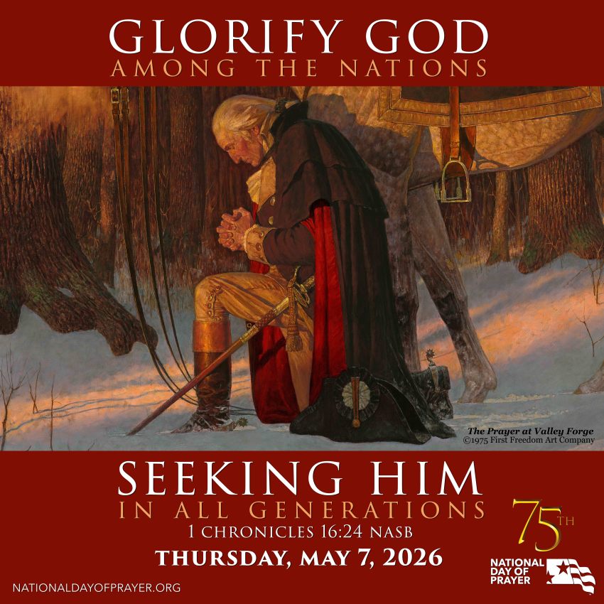The 2026 National Day of Prayer theme artwork features an image from the painting “The Prayer at Valley Forge” by Arnold Friberg, used under a contractual agreement with the copyright holder, First Freedom Art Company