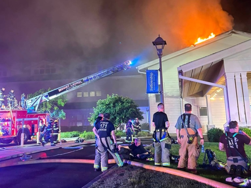 Members of the Medford Lakes Fire Department in Medford Lakes, New Jersey, put out a massive fire at Fellowship Alliance Chapel after it was struck by lightning on July 3, 2026.