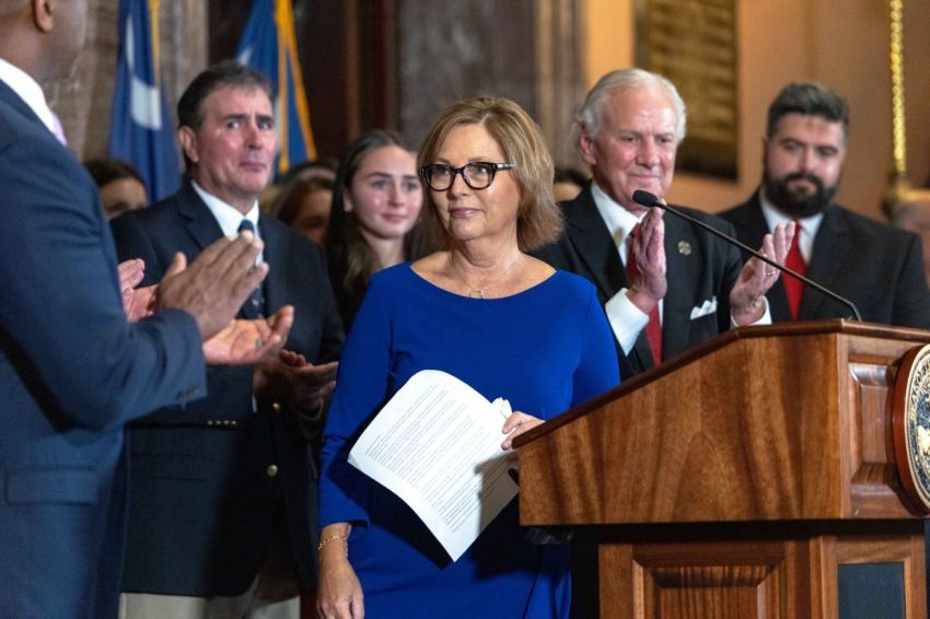 Darline Graham Nordone speaks during a press conference outside the governor's South Carolina State House office on July 13, 2026, in Columbia, South Carolina.