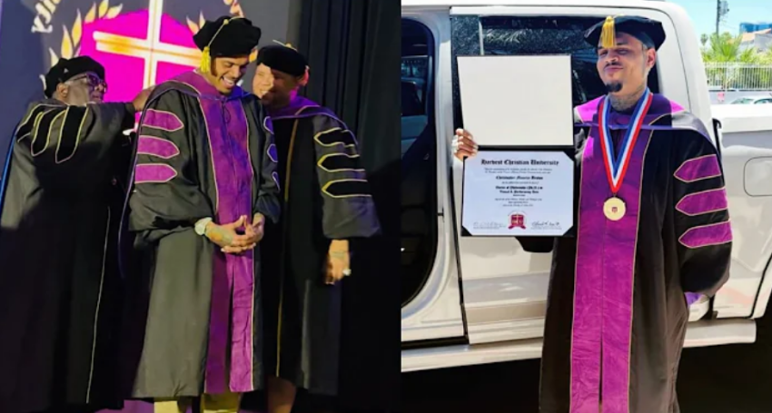 A screenshot of Carl Robinson II (left) and singer Chris Brown in a video of an HCU graduation ceremony dated May 24, 2026.