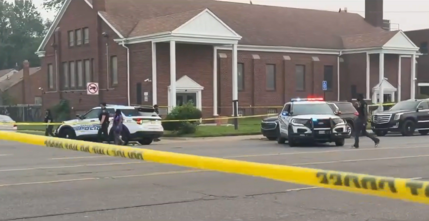 The scene outside Greater Love Tabernacle Church on Plymouth Road in Detroit, Mich., on Friday, July 17, 2026, after five people were shot during a funeral.