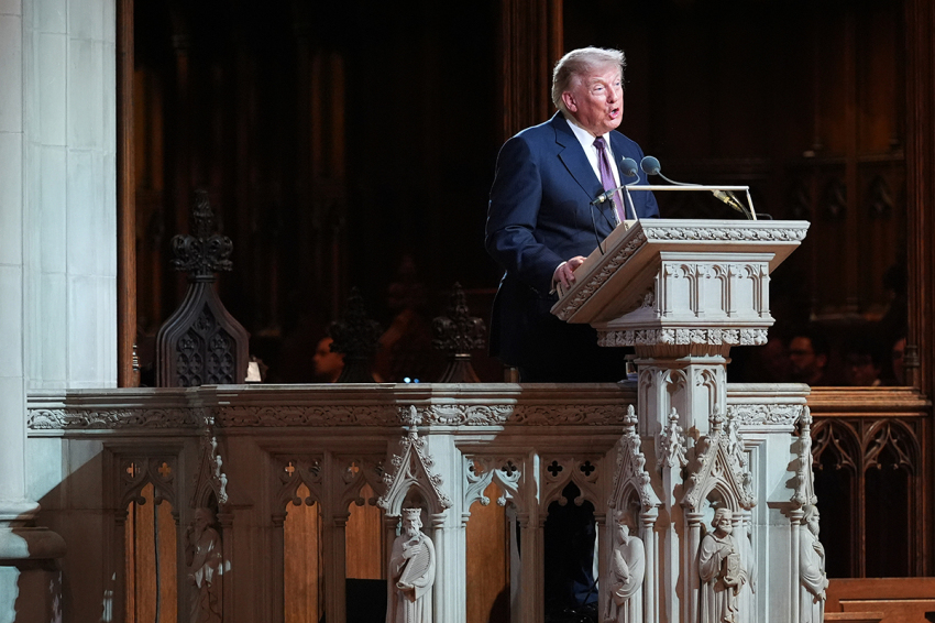 President Donald Trump delivers remarks during the funeral service for the late U.S. Sen. Lindsey Graham, R-S.C., at the Washington National Cathedral on July 28, 2026, in Washington, D.C. Graham, who was elected to the Senate in 2002, died suddenly on July 11th from an aortic dissection. He was 71 years old. 