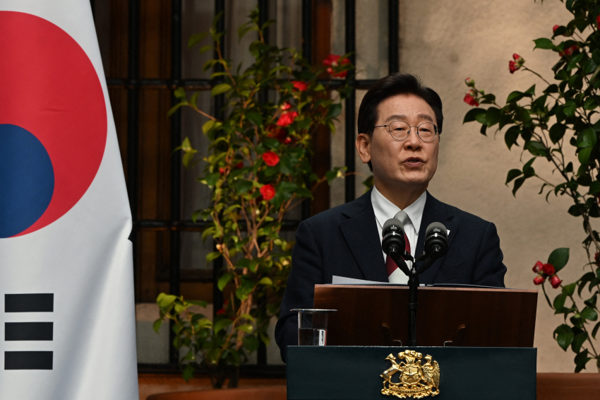 South Korean President Lee Jae Myung speaks during a joint press conference with Chilean President Jose Antonio Kast after a meeting at La Moneda presidential palace in Santiago, Chile, on July 30, 2026.