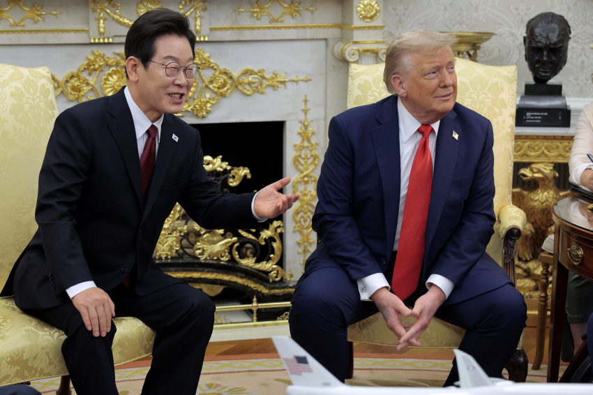 President Donald Trump and South Korean President Lee Jae Myung talk to reporters before an Oval Office meeting at the White House on Aug. 25, 2025, in Washington, D.C.