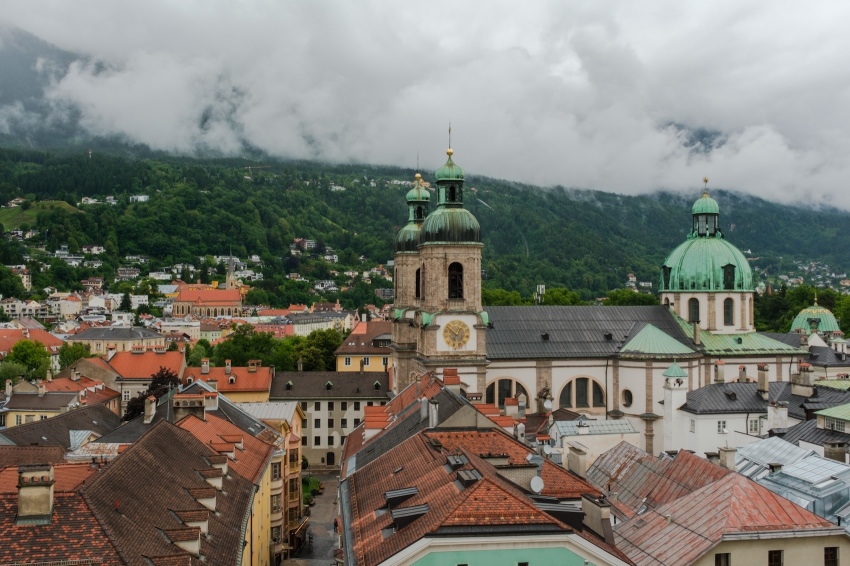 A view of the Old Town (Altstadt) in Innsbruck, Austria. 