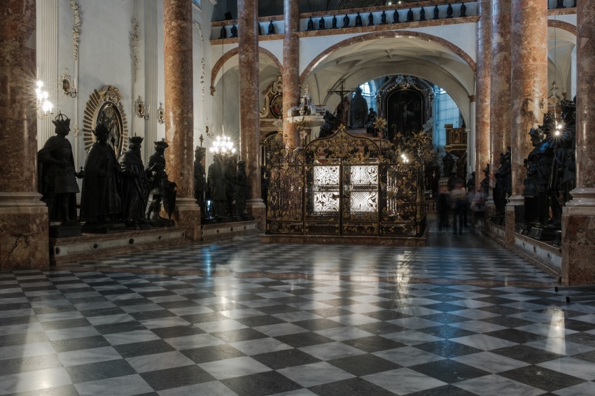 The interior of Court Church (Hofkirche) in Innsbruck, Austria. 