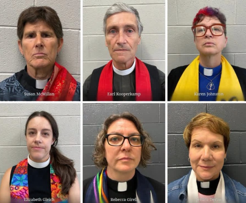 The official mugshots for six Vermont-based faith leaders who were arrested on Friday, Sept. 4, 2026 while protesting at a federal immigration facility in Vermont. They include Jessica Derise, 54, of Williston; Rebecca Girrell, 47, of South Burlington; Elizabeth Gleich, 36, of Middlebury; Karen Johnston, 58, of Colchester; Earl Kooperkamp, 69, of Bradford; and Susan McMillan, 65, of Colchester. A seventh faith leader, 78-year-old Catherine Bock of Burlington, was also arrested. 