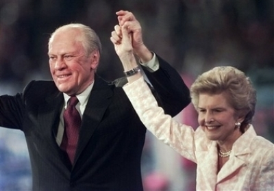 Former President Gerald Ford and his wife Betty acknowledge applause from the convention floor during the evening session of the 1996 Republican National Convention in San Diego Monday, Aug. 12, 1996. Former first lady Betty Ford said Tuesday Dec. 26, 2006 that President Gerald Ford has died. 