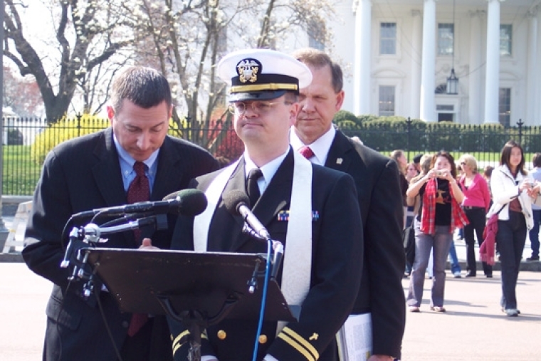 In this undated file photo, Navy Chaplain Lt. J. Gordon Klingenschmitt speaks to media outside the White House as the Rev. Rob Schenck (left) and Former Alabama Chief Justice Roy Moore look on.