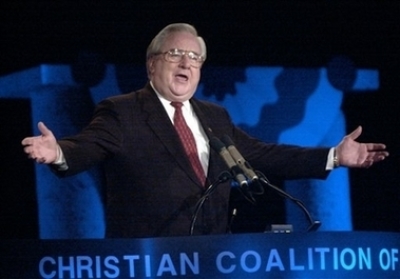 The Rev. Jerry Falwell Sr. speaks during the Christion Coalition of America Road to Victory 2000 conference in Washington, D.C., on Sept. 29, 2000. Falwell, who founded the Moral Majority and built the religious right into a political force, died Tuesday, May 15, 2007, shortly after being found unconscious in his office at Liberty University, a school executive said. He was 73. 