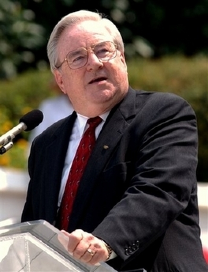 The Rev. Jerry Falwell speaks at a rally on the steps of the Alabama Capitol in Montgomery. Ala., in this Aug. 16, 2003 file photo. Falwell, who founded the Moral Majority and built the religious right into a political force, died Tuesday, May 15, 2007, shortly after being found unconscious in his office at Liberty University, a school executive said. He was 73.