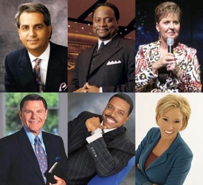 This six-picture combo photo made with undated file photos shows, clockwise from top left: Benny Hinn, Eddie Long, Joyce Meyer, Paula White, Creflo Dollar, and Kenneth Copeland.