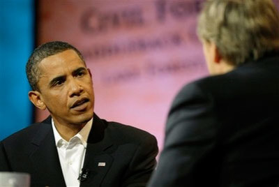 Democratic presidential candidate Sen. Barack Obama, D-Ill., talks with Pastor Rick Warren during the Saddleback Forum in Lake Forrest, Calif. Saturday, Aug. 16, 2008.