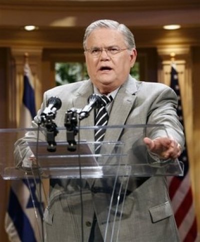 In this May 23, 2008, file photo the Rev. John Hagee speaks during a news conference at the Cornerstone Church in San Antonio, Texas. Hagee, the internationally known radio/TV evangelist, is recovering after undergoing open heart surgery Thursday, Oct. 2, 2008.
