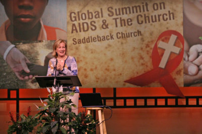 In this file photo, Kay Warren, co-host of the third annual Global Summit on AIDS and the Church, speaks at the conference at Saddleback Church in Lake Forest, Calif., on Nov. 28, 2007.