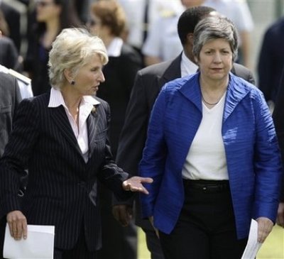 Department of Homeland Security Secretary Janet Napolitano, right, and Rep. Jane Harman, D-Calif., speak on their way to a news conference after touring the Los Angeles port complex at the Port of Los Angeles Coast Guard Station on Monday, April 13, 2009, in Los Angeles.
