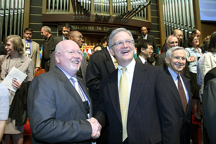 Dr. Doug Birdsall (Right), executive chair of the Lausanne Committee for World Evangelization, and Dr. Geoff Tunnicliffe (Left), CEO of the World Evangelical Alliance, greet each other.