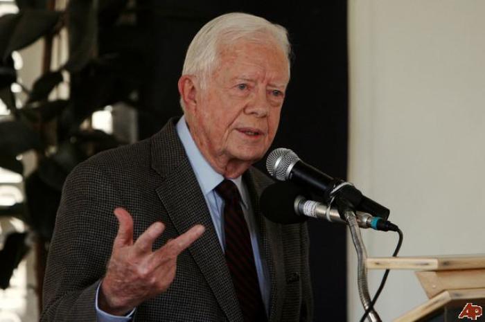 Former U.S. President Jimmy Carter speaks during a press conference in Jerusalem, Monday, June 15, 2009.