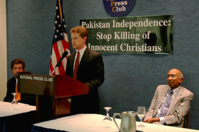 A representative from International Christian Concern speaks about the discrimination against Christian in Pakistan at a press conference in Washington, D.C. on August 10, 2009.