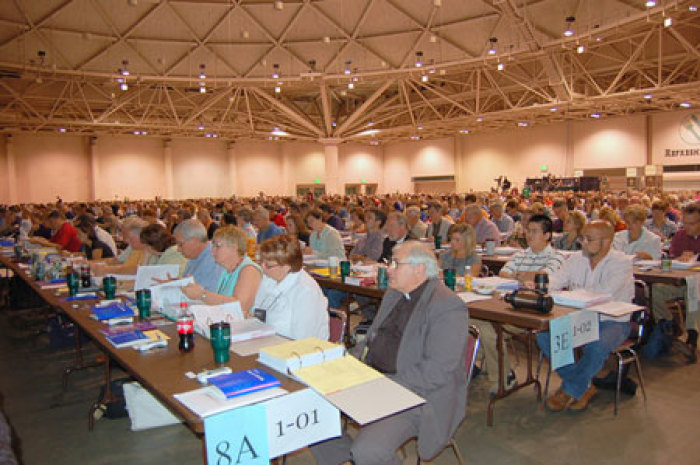 Voting members of the Evangelical Lutheran Church in America open discussions on resolutions on Tuesday, Aug. 18, 2009, during the Churchwide Assembly at the Minneapolis Convention Center.