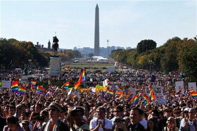 Gay rights advocates fill the west lawn of the Capitol during a rally in Washington, Sunday, Oct. 11, 2009. The National Equality March took place one day after President Obama vowed to fight with LGBT people. 