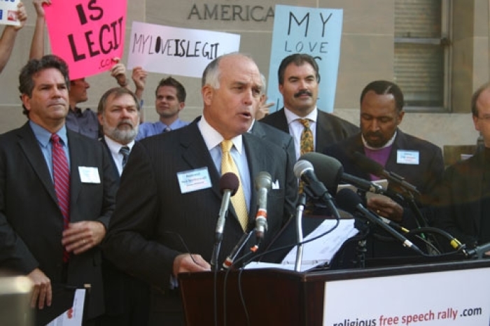 Rick Scarborough, founder and president of Vision America, expresses concerns about the Hate Crimes Prevention Act outside the Justice Department in Washington, D.C., Monday, Nov. 16, 2009.