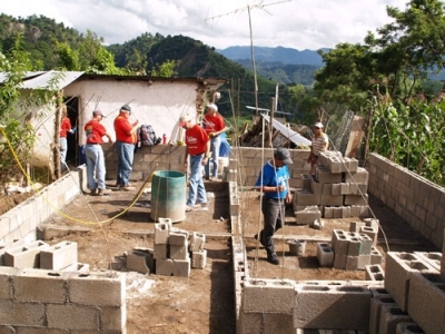 Volunteers with Thrivent Financial for Lutherans work together to construct a cinder block home during a Thrivent Builds Worldwide trip to Panajachel, Guatemala. More than 30 Thrivent Financial employees traveled to Guatemala Sept. 8-16 to build homes with families in need thanks to an alliance between Thrivent Financial for Lutherans and Habitat for Humanity International.