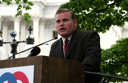 Brian Brown, president of National Organization for Marriage, addresses a crowd of traditional marriage supporters at the U.S. Capitol, Sunday, Aug. 15, 2010. NOM made its last stop in the "Summer for Marriage" bus tour in Washington, D.C.