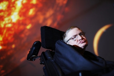 In this April 29, 2010, file photo, Stephen Hawking watches the first preview of his new show for the Discovery Channel, Stephen Hawking's Universe.