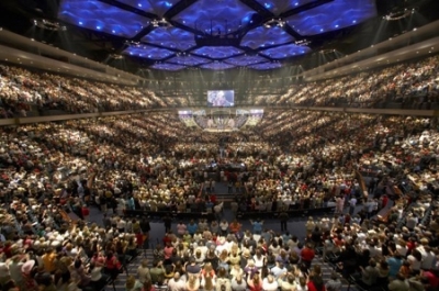 Tens of thousands attend Lakewood Church in Houston, Texas. Lakewood was listed as the largest church in America in Outreach magazine's 2010 list of the largest and fastest-growing churches. The list is based on a self-reported survey, not an independent investigation.