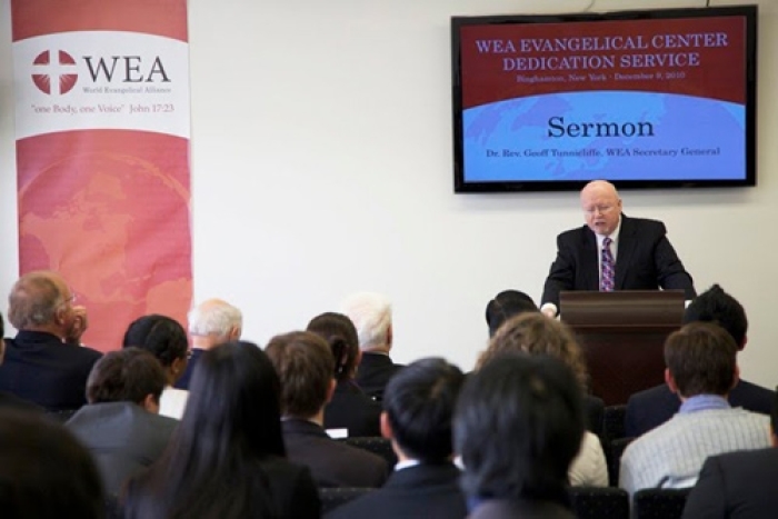 The Rev. Dr. Geoff Tunnicliffe, secretary general of World Evangelical Alliance, delivers sermon for the Dedication Service of the organization's new Evangelical Center in Binghamton, New York, on Dec. 9, 2010.