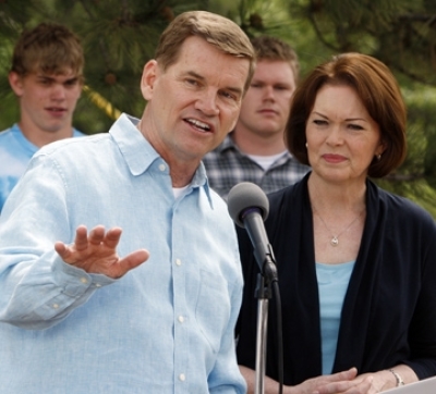 In this file photo, Ted Haggard, the former megachurch pastor who fell from grace amid a sex scandal, with his wife Gayle at his side talks to reporters at their home in Colorado Springs, Colo., on Wednesday, June 2, 2010.
