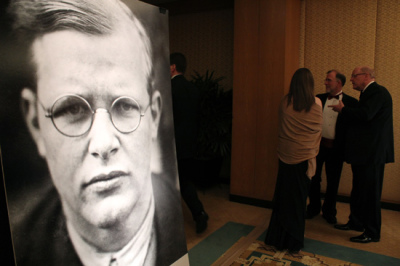 A blown-up photo of 20th century martyr Dietrich Bonhoeffer is shown in an image gallery at the Becket Fund's Canterbury Medal Dinner at the Four Seasons Hotel in Washington, D.C., on May 12, 2011. Author Eric Metaxas received the medal this year.