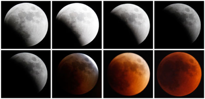 Combination photo shows the moon as it undergoes a total lunar eclipse as seen from Jerusalem June 15, 2011.