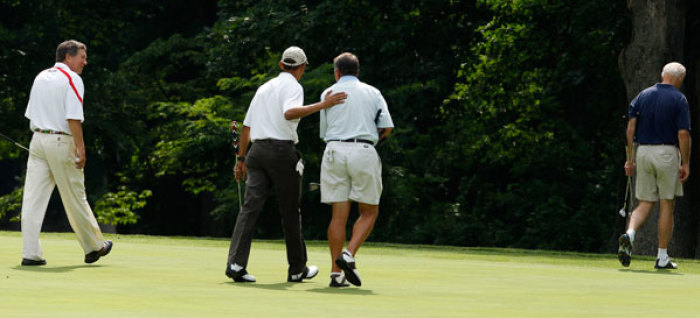 U.S. President Barack Obama (2nd L), U.S. Speaker of the House John Boehner (2nd R) walk out of the green as they joined by U.S. Vice President Joseph Biden (R) and Ohio Gov. John Kasich (L) on the first green at Andrews Air Force Base in Maryland, June 18, 2011.