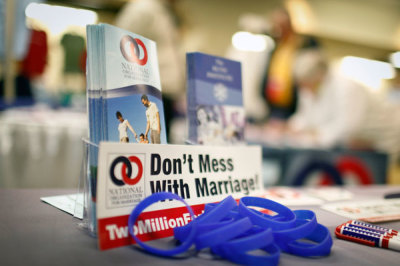 Opponents of gay marriage display literature and gifts at the 2011 Republican Leadership Conference in New Orleans, Louisiana June 18, 2011.