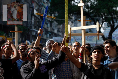 Egyptian Coptic Christians protest attacks on Christians and churches in 2011.