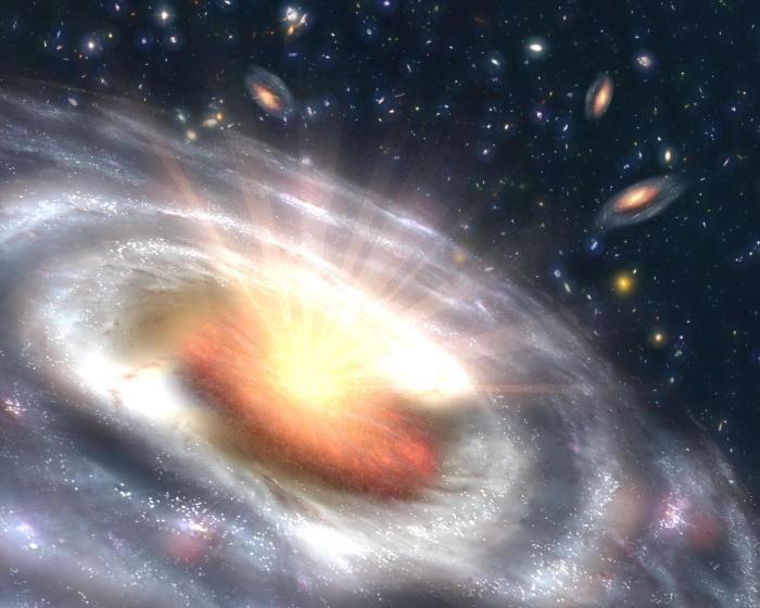 A growing black hole, called a quasar, can be seen at the center of a faraway galaxy in this artist's concept. Astronomers using NASA's Spitzer and Chandra space telescopes discovered swarms of similar quasars hiding in dusty galaxies in the distant universe. The quasar is the orange object at the center of the large, irregular-shaped galaxy. It consists of a dusty, doughnut-shaped cloud of gas and dust that feeds a central supermassive black hole. As the black hole feeds, the gas and dust heat up and spray out X-rays, as illustrated by the white rays. Beyond the quasar, stars can be seen forming in clumps throughout the galaxy. Other similar galaxies hosting quasars are visible in the background.