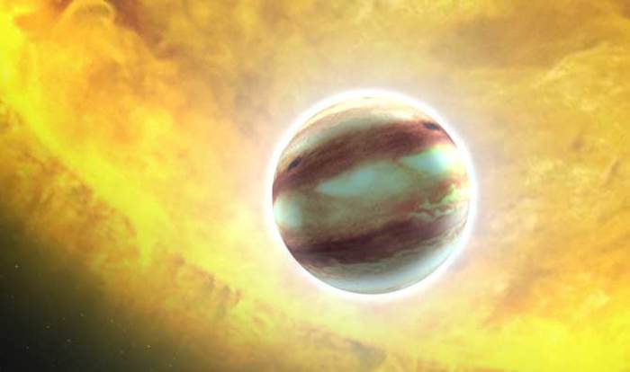An artist's perception of the planet HAT-P-7b. A 'hot Jupiter' orbiting a star much hotter than our sun.