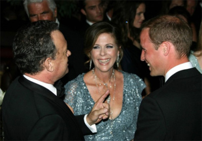 Britain's Prince William speaks to actor Tom Hanks and his wife Rita Wilson at the BAFTA Brits to Watch event in Los Angeles, California July 9, 2011. 