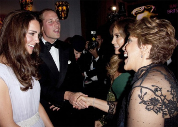 Britain's Prince William and his wife Catherine, Duchess of Cambridge, talk with actress Jennifer Lopez (R) and her mother at the BAFTA Brits to Watch event in Los Angeles, California July 9, 2011. Prince William and his wife Catherine are on a royal visit to California from July 8 to July 10.