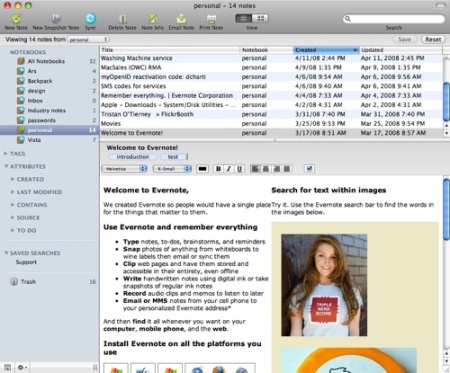 Key features of Evernote: ? Create text, photo and audio notes ? Auto-synchronize your notes to your Mac, PC, and Web ? Magically makes text within snapshots searchable ? Mark notes as "Favorite" for quick access ? All notes include geo-location information for mapping and search