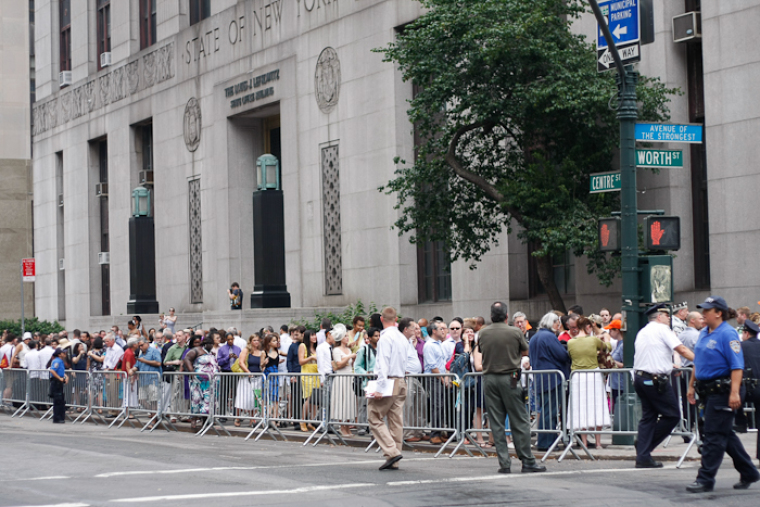 Hundreds of same-sex couples line up outside the city marriage bureau in Manhattan to marry on July 24, 2011, the first day that gay marriage becomes legal in New York.