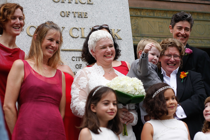 A lesbian couple gets married at the city marriage bureau in Manhattan on July 24, 2011, the first day that gay marriage is legal in New York.