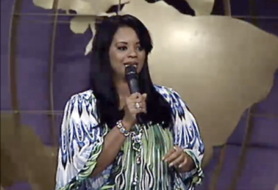 The Rev. Zahcery Tims' ex-wife, Riva Tims, speaks to those gathered at New Destiny Christian Center in Apopka, Fla., Monday, August 15, 2011.